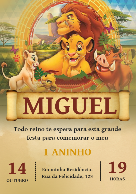 Convite Aniversário Rei Leão com a Turma para Editar Online Convite Aniversário Rei Leão com a Turma para Editar Online