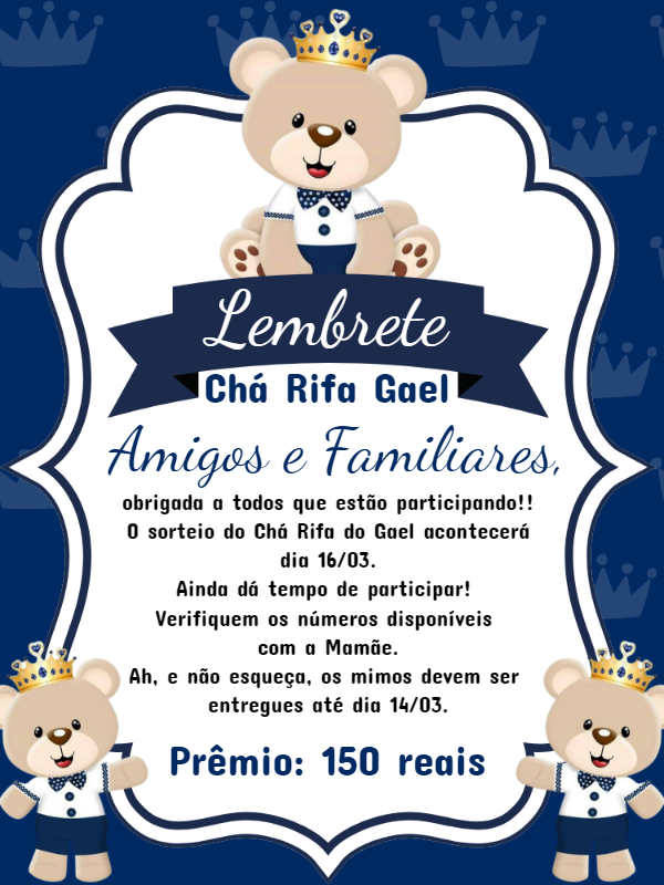 Lembrete de Chá Rifa Ursinho Príncipe para Editar Online