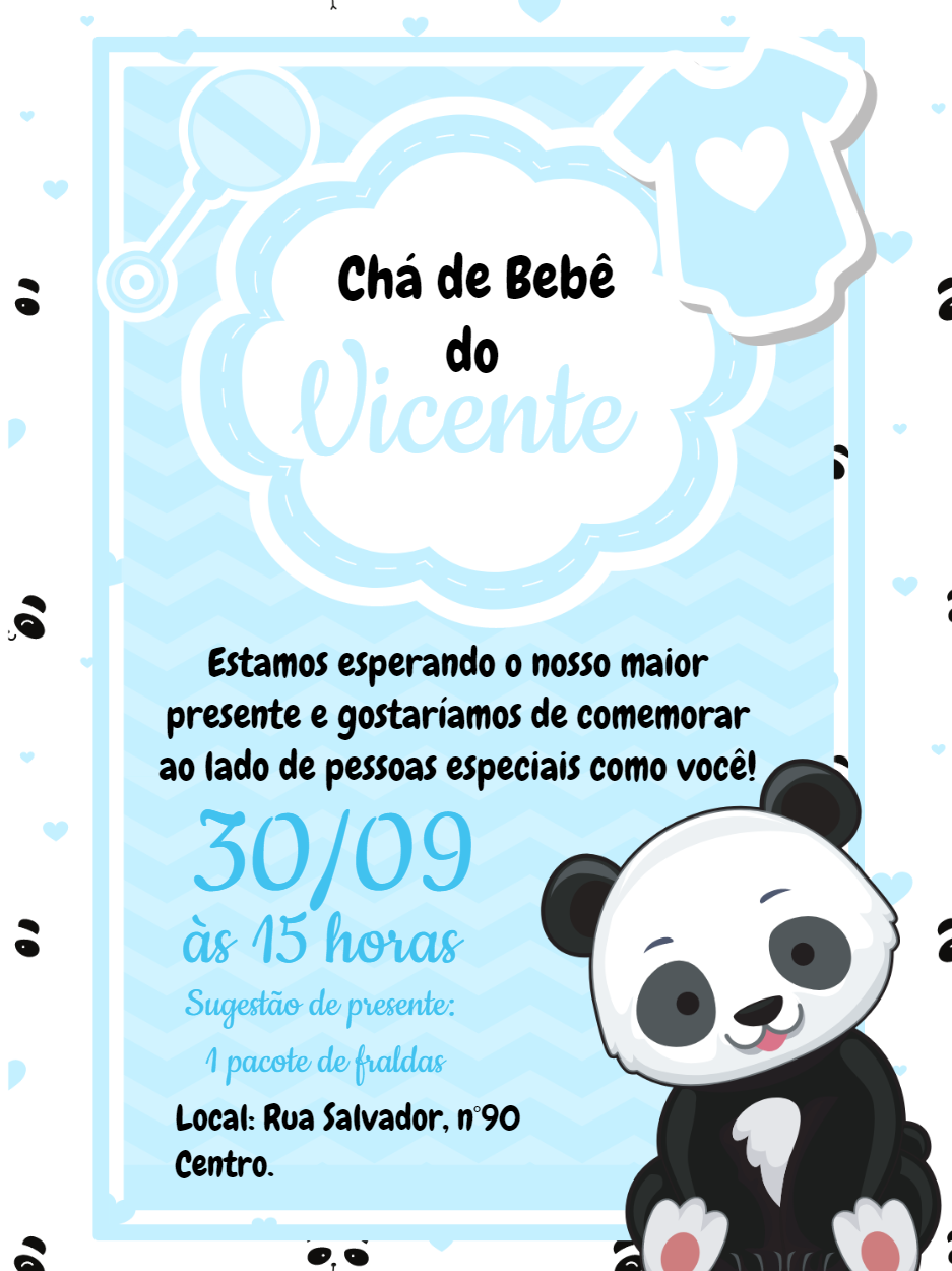 Convite Chá de Bebê Ursinho Panda para Editar Online Convite Chá de Bebê Ursinho Panda para Editar Online