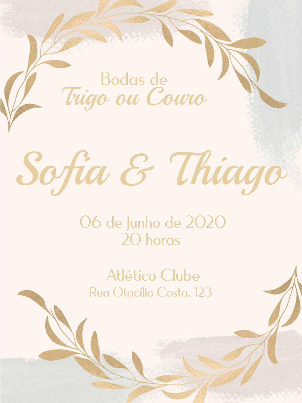 Convite Bodas de Trigo com Folhas Douradas para Editar Online Convite Bodas de Trigo com Folhas Douradas para Editar Online
