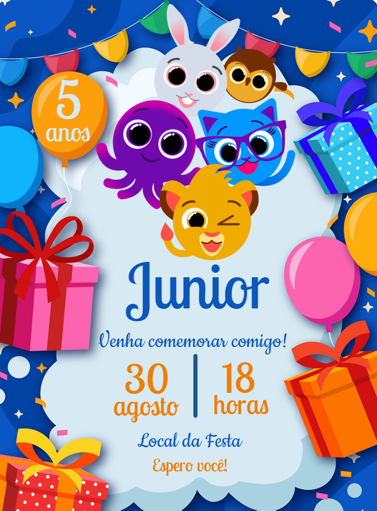 Convite de Aniversário Bolofofos com Personagens para Editar Online Convite de Aniversário Bolofofos com Personagens para Editar Online