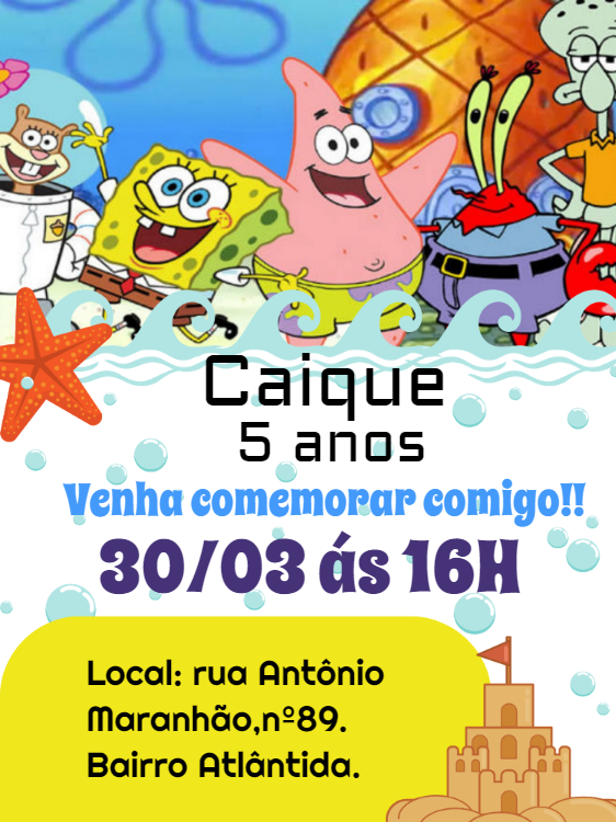 Convite Aniversário Bob Esponja e Turma para Editar Online Convite Aniversário Bob Esponja e Turma para Editar Online