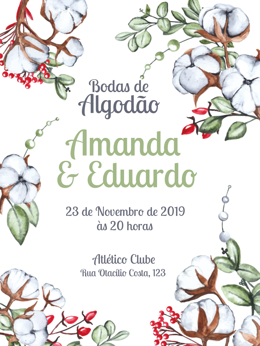 Convite Bodas de Algodão Floral para Editar Online