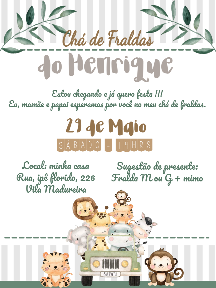 Convite Chá de Bebê Safari com Animais para Editar Online Convite Chá de Bebê Safari com Animais para Editar Online
