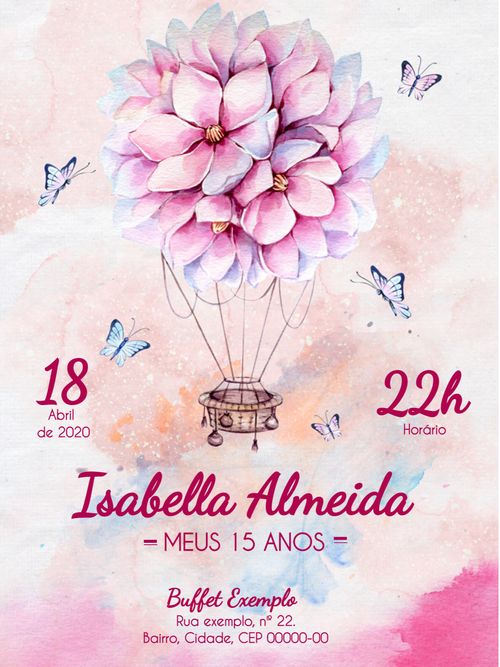 Convite 15 Anos Balão Floral e Borboletas para Editar Online Convite 15 Anos Balão Floral e Borboletas para Editar Online