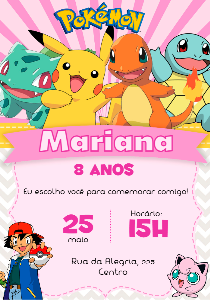 Convite Aniversário Pokémon Rosa com Pikachu para Editar Online Convite Aniversário Pokémon Rosa com Pikachu para Editar Online