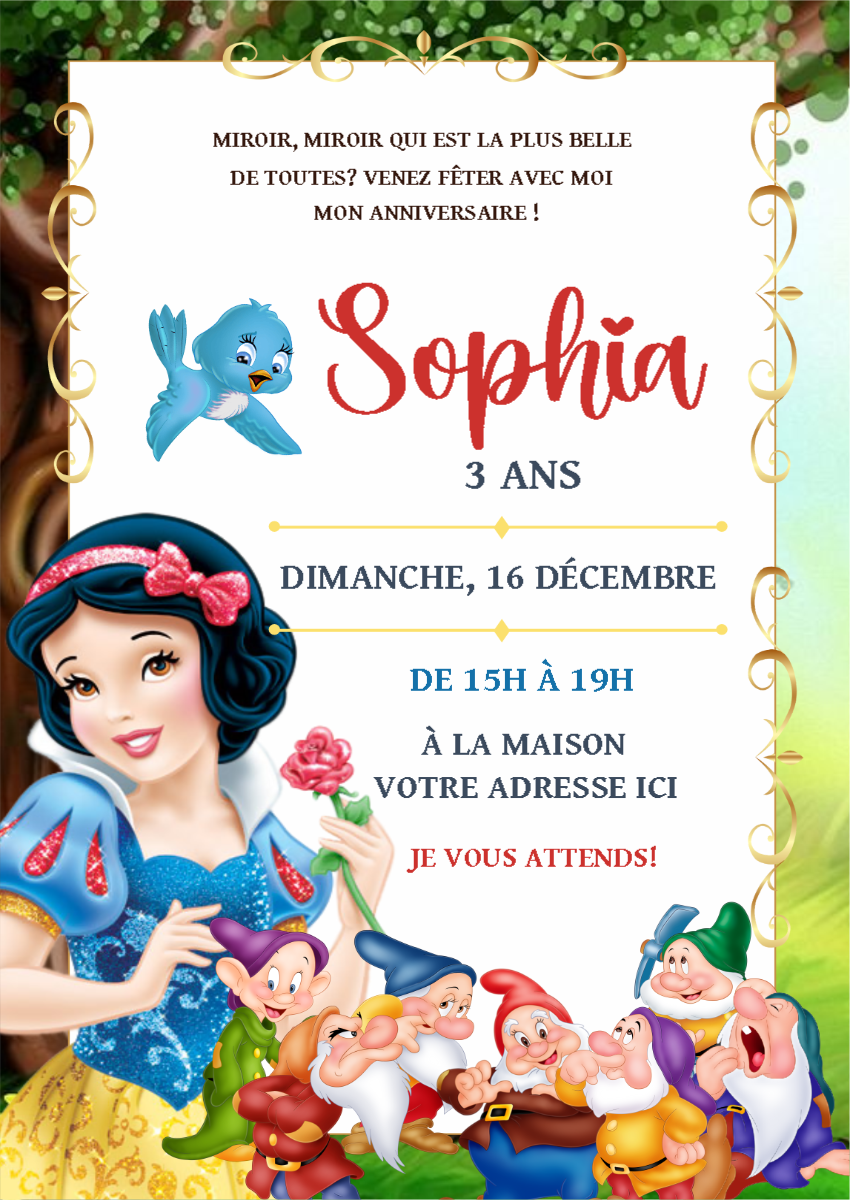 Invitation d'anniversaire Blanche-Neige à Modifier en Ligne Invitation d'anniversaire Blanche-Neige à Modifier en Ligne