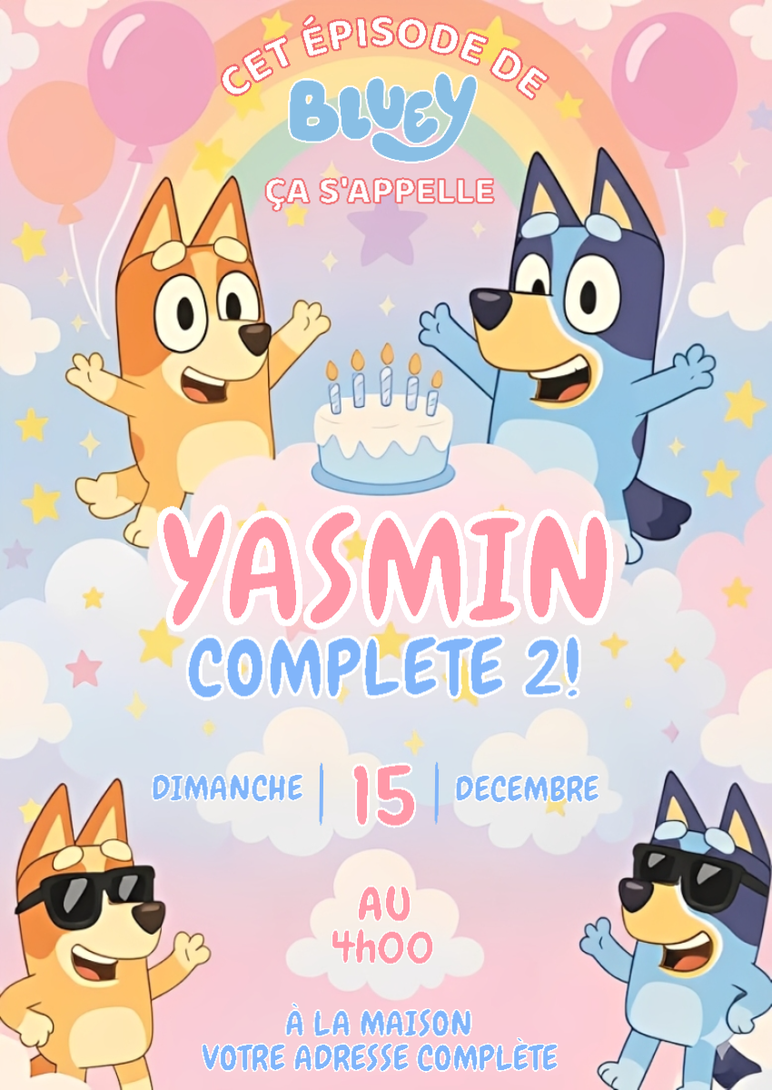 Invitation Anniversaire Bluey et Bingo à Modifier en Ligne