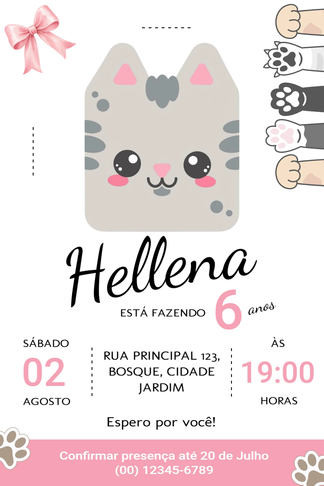 Convite de Aniversário Gatinho Kawaii Menina Editável Convite de Aniversário Gatinho Kawaii Menina Editável