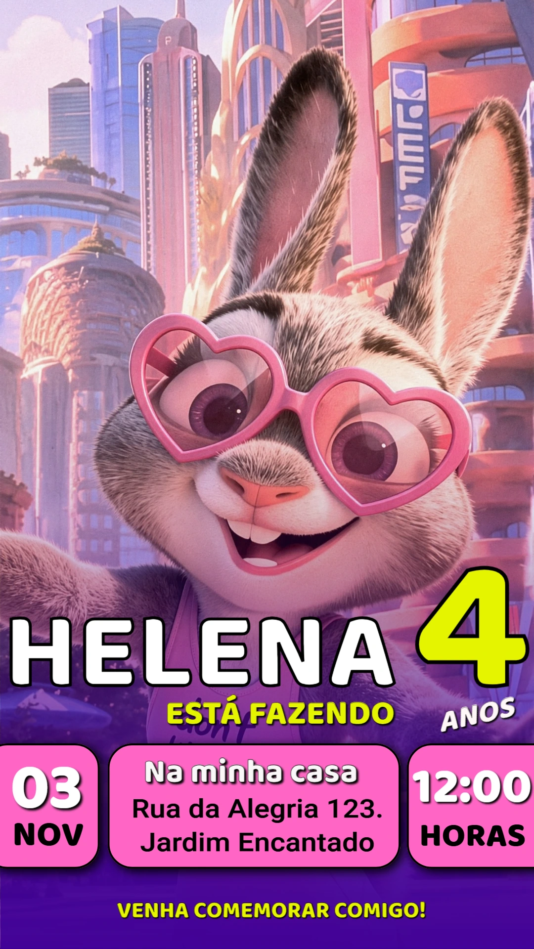 Convite de Aniversário Zootopia Rosa Editável para Menina Convite de Aniversário Zootopia Rosa Editável para Menina