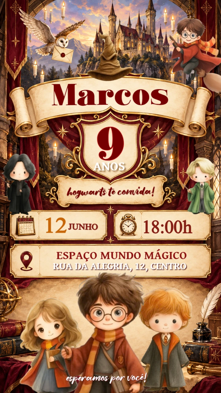 Convite de Aniversário Harry Potter Editável para Festa Mágica Convite de Aniversário Harry Potter Editável para Festa Mágica