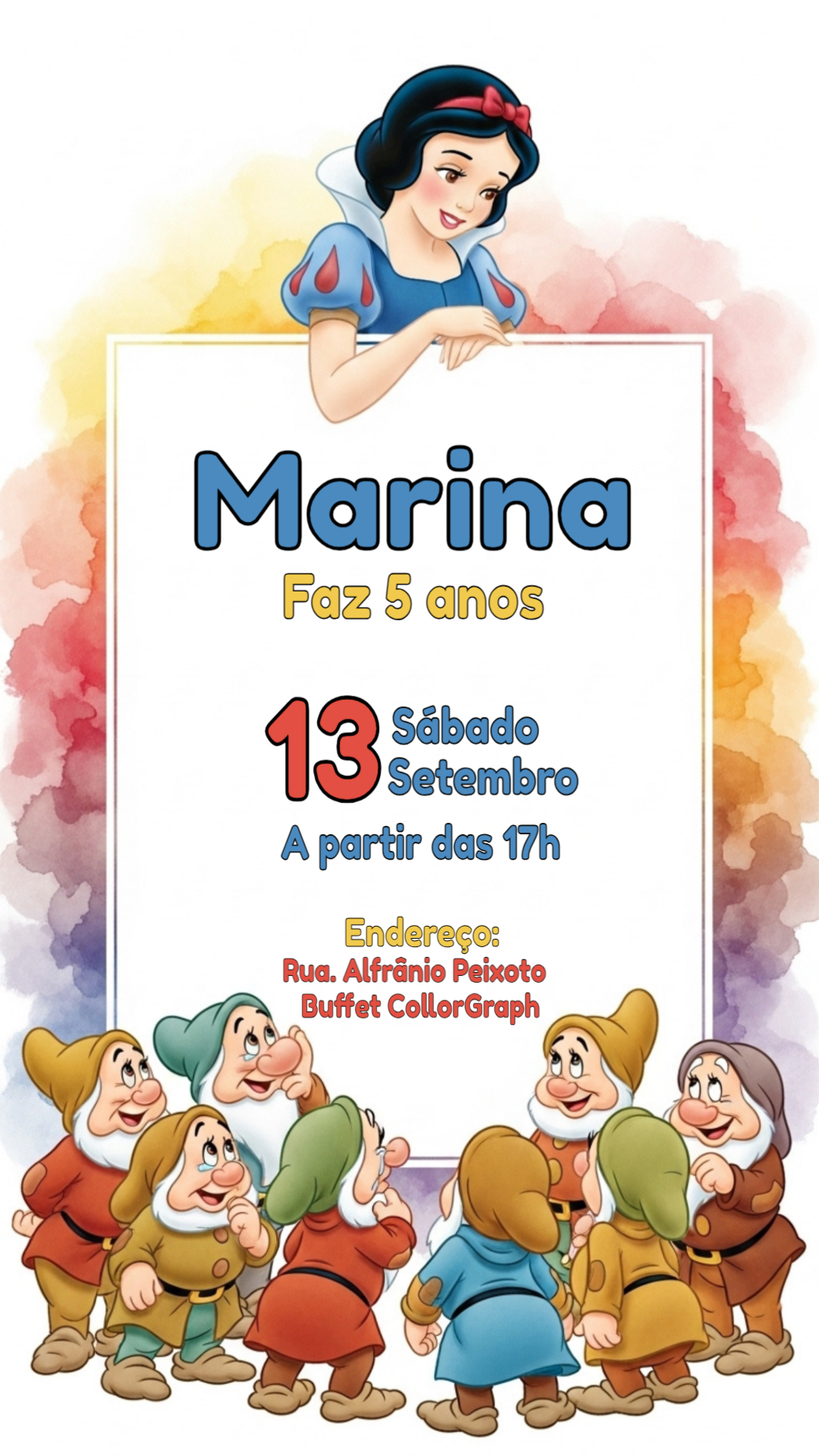 Convite Aniversário Branca de Neve e os Sete Anões para Editar Convite Aniversário Branca de Neve e os Sete Anões para Editar