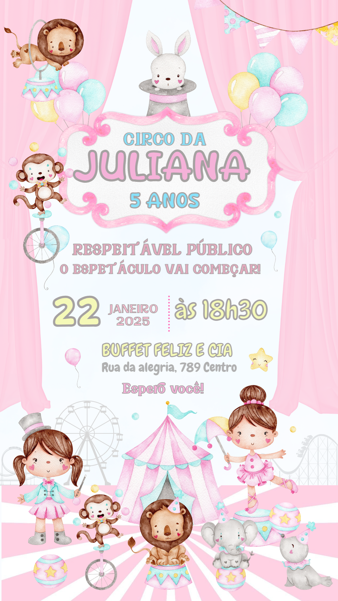 Convite Aniversário Circo Rosa Aquarela para Editar Online Convite Aniversário Circo Rosa Aquarela para Editar Online