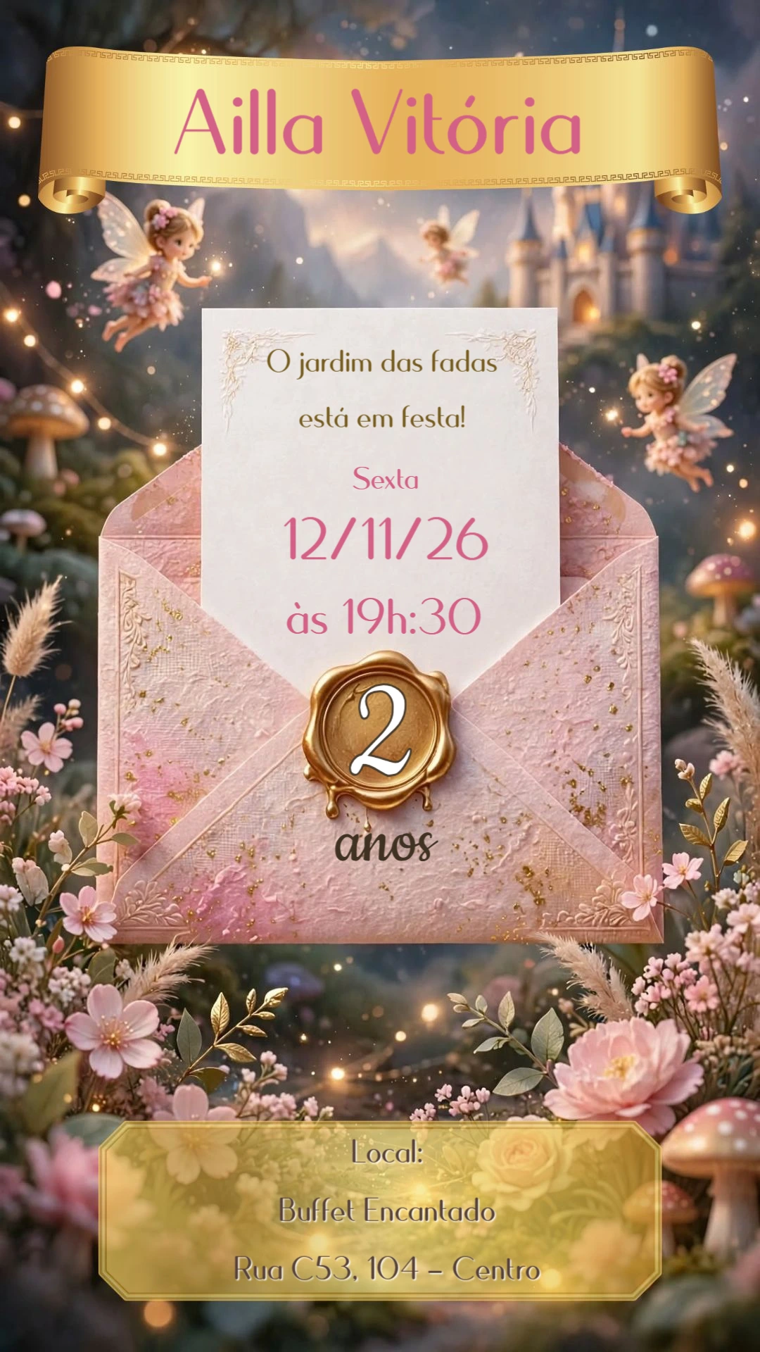 Convite de Aniversário Jardim das Fadas Encantado para Editar Convite de Aniversário Jardim das Fadas Encantado para Editar