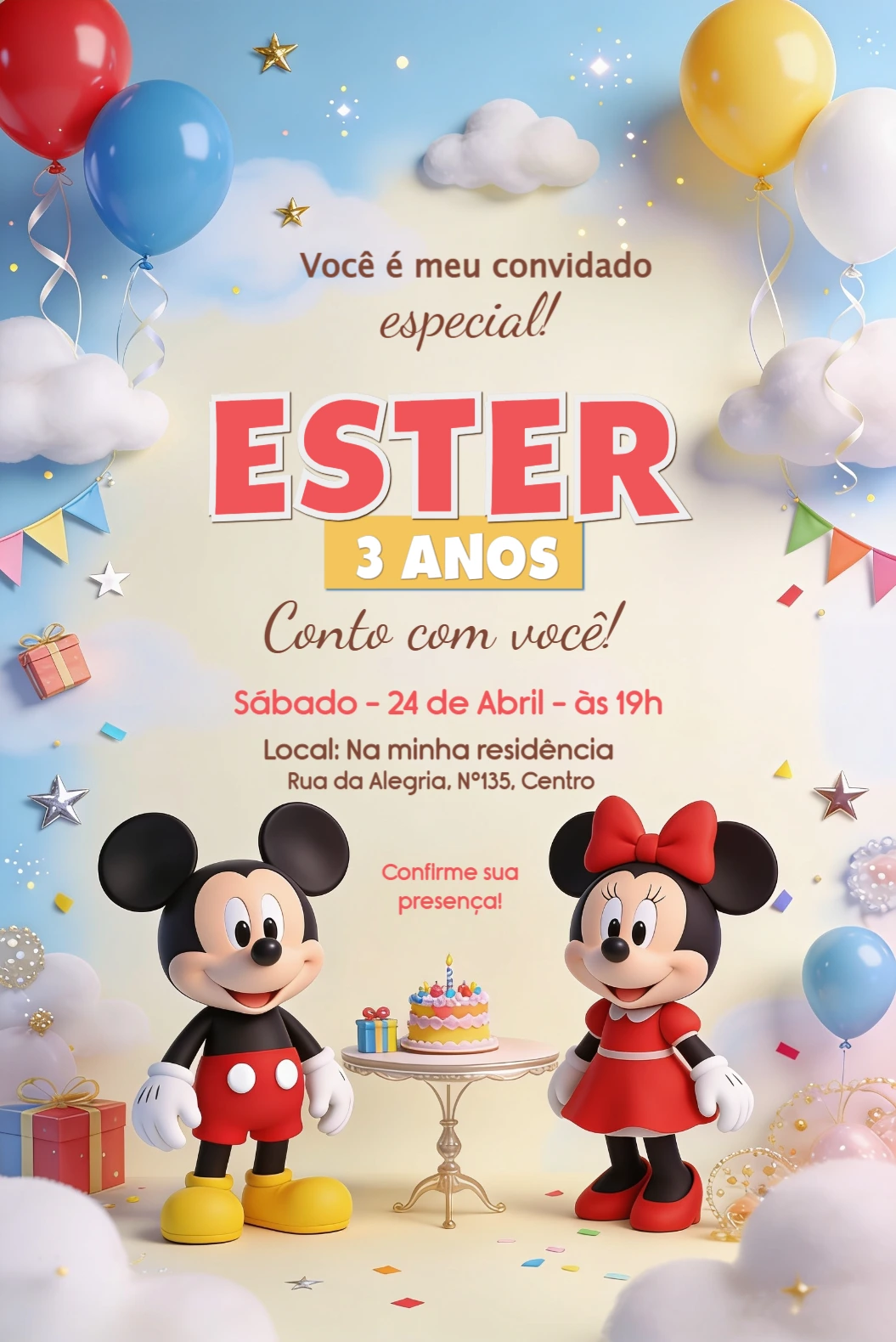Convite Editável de Aniversário Mickey e Minnie Convite Editável de Aniversário Mickey e Minnie