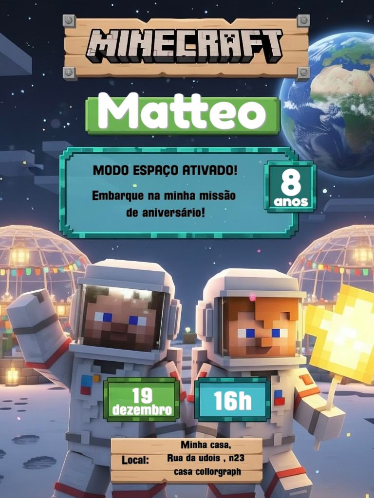 Convite Animado Aniversário Minecraft Astronauta para Editar Convite Animado Aniversário Minecraft Astronauta para Editar