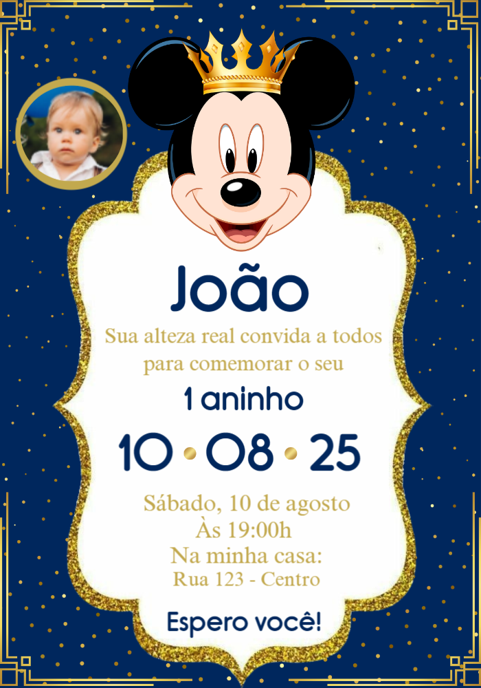 Convite Aniversário Mickey Realeza com Foto para Editar Convite Aniversário Mickey Realeza com Foto para Editar