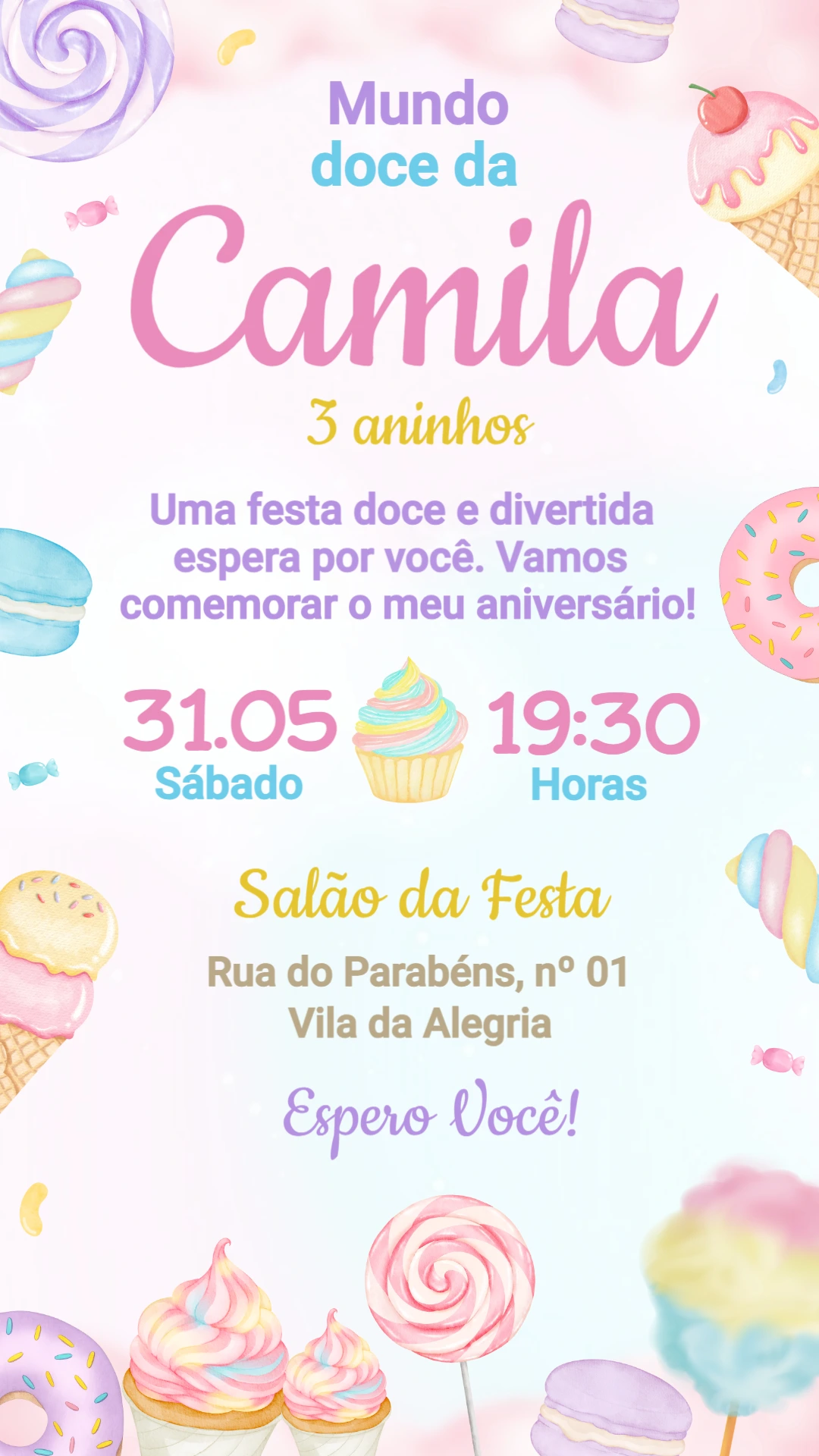 Convite de Aniversário Mundo Doce Aquarela Editável Convite de Aniversário Mundo Doce Aquarela Editável