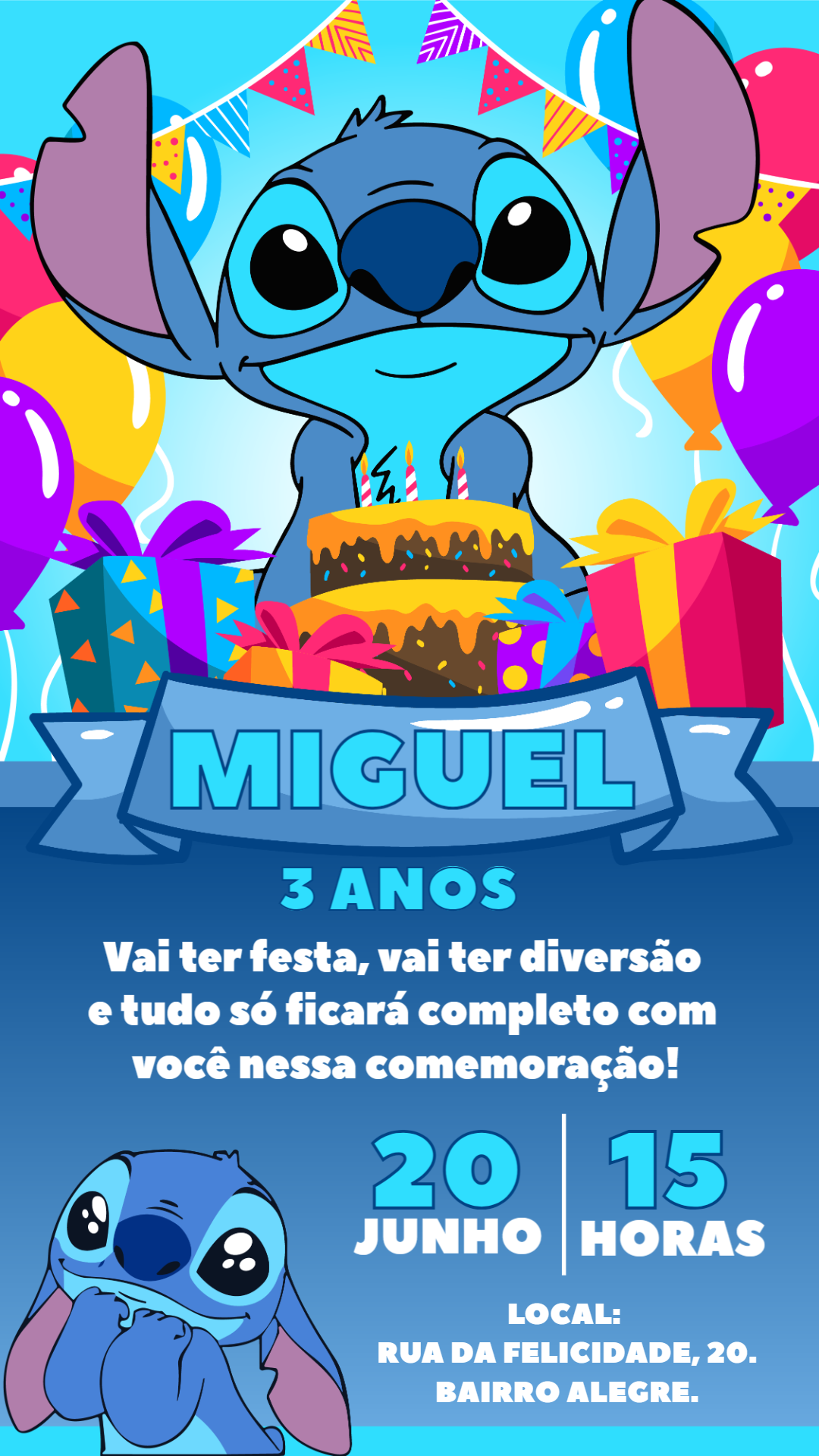 Convite de Aniversário Stitch para Editar Online Convite de Aniversário Stitch para Editar Online