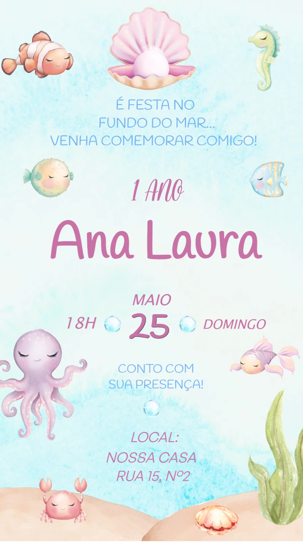 Convite de Aniversário Fundo do Mar Menina Editável Convite de Aniversário Fundo do Mar Menina Editável