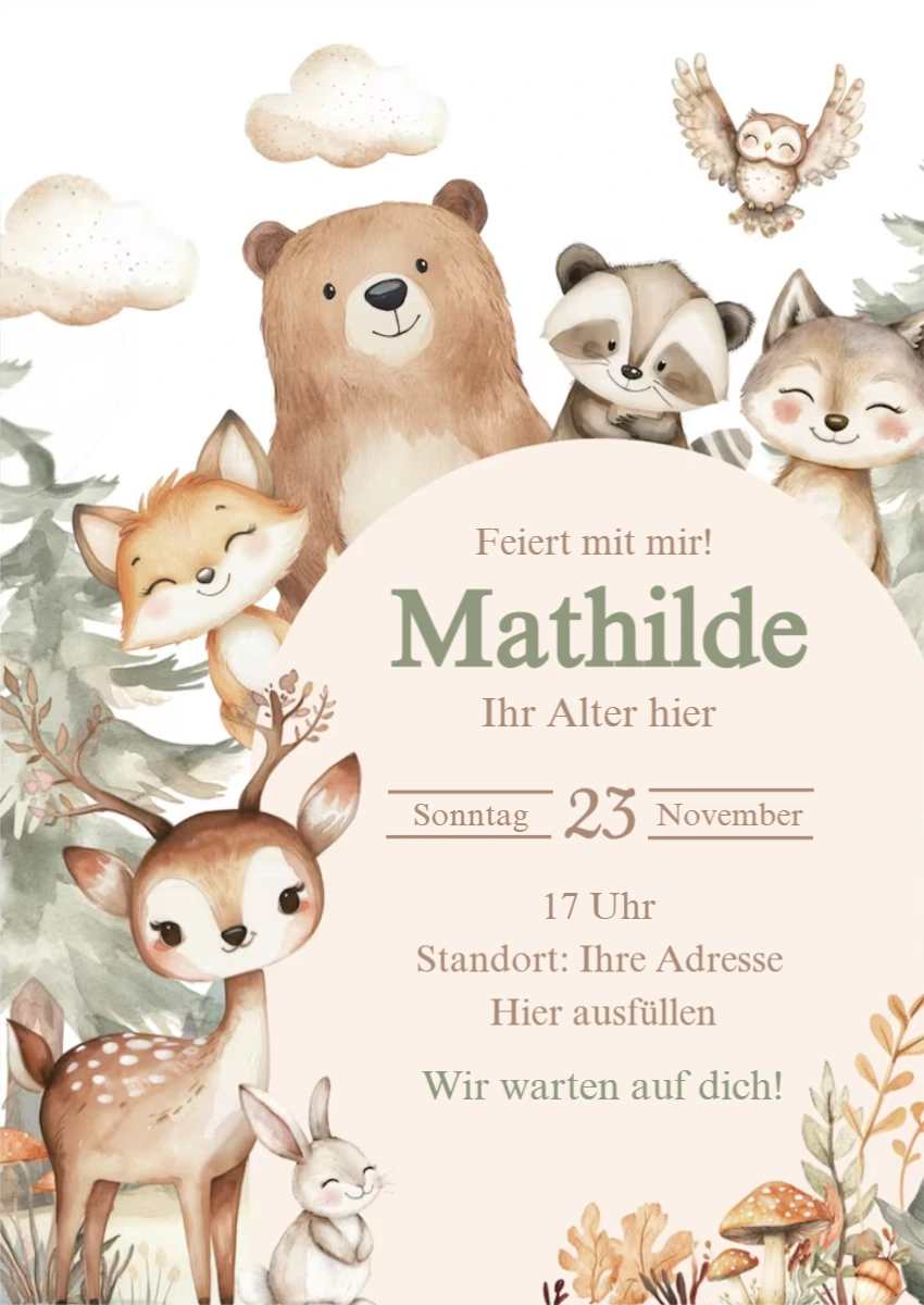 Editierbare Geburtstagseinladung mit süßen Waldtieren Editierbare Geburtstagseinladung mit süßen Waldtieren