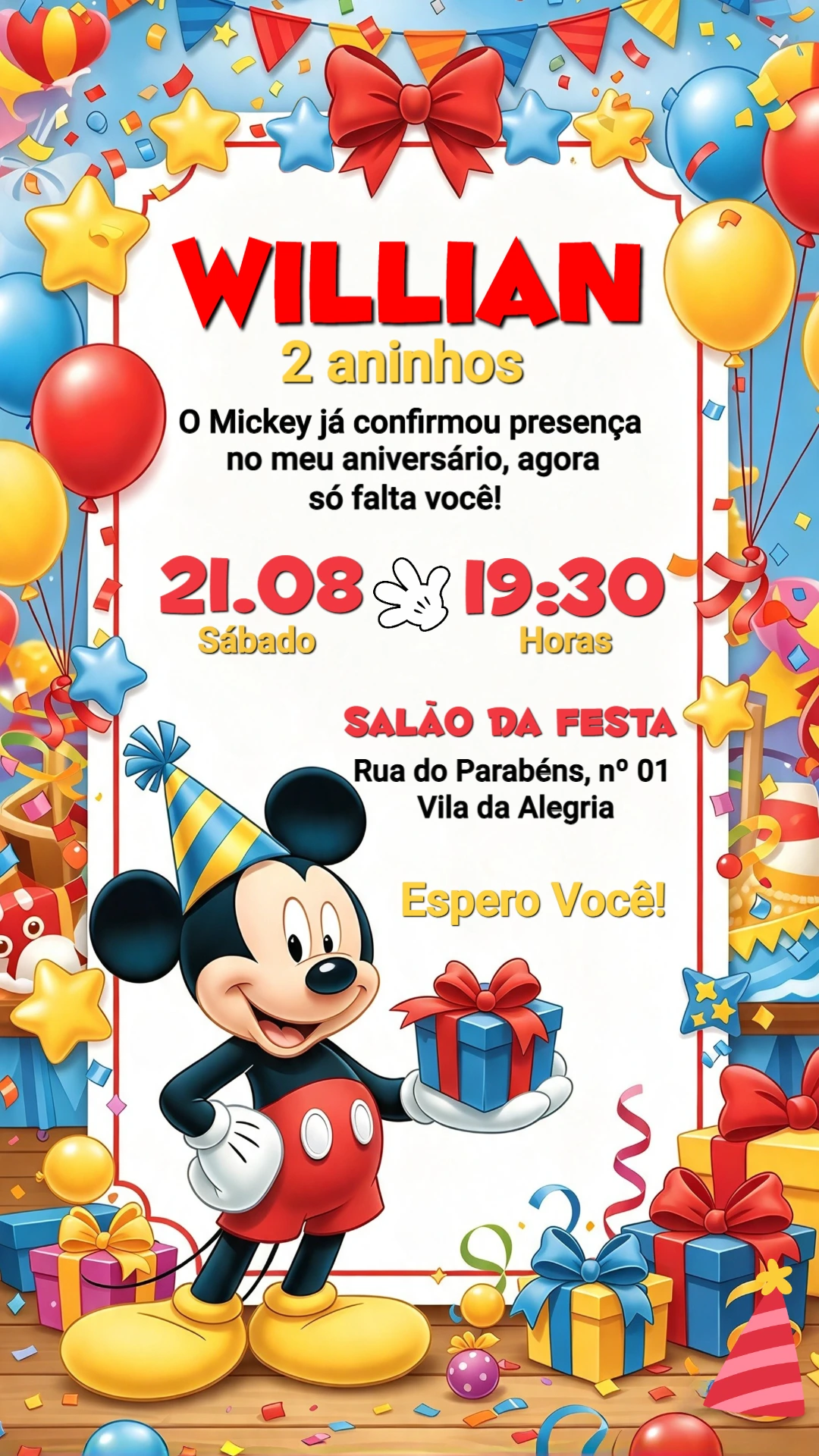 Convite de Aniversário Infantil do Mickey: Modelo Editável Convite de Aniversário Infantil do Mickey: Modelo Editável