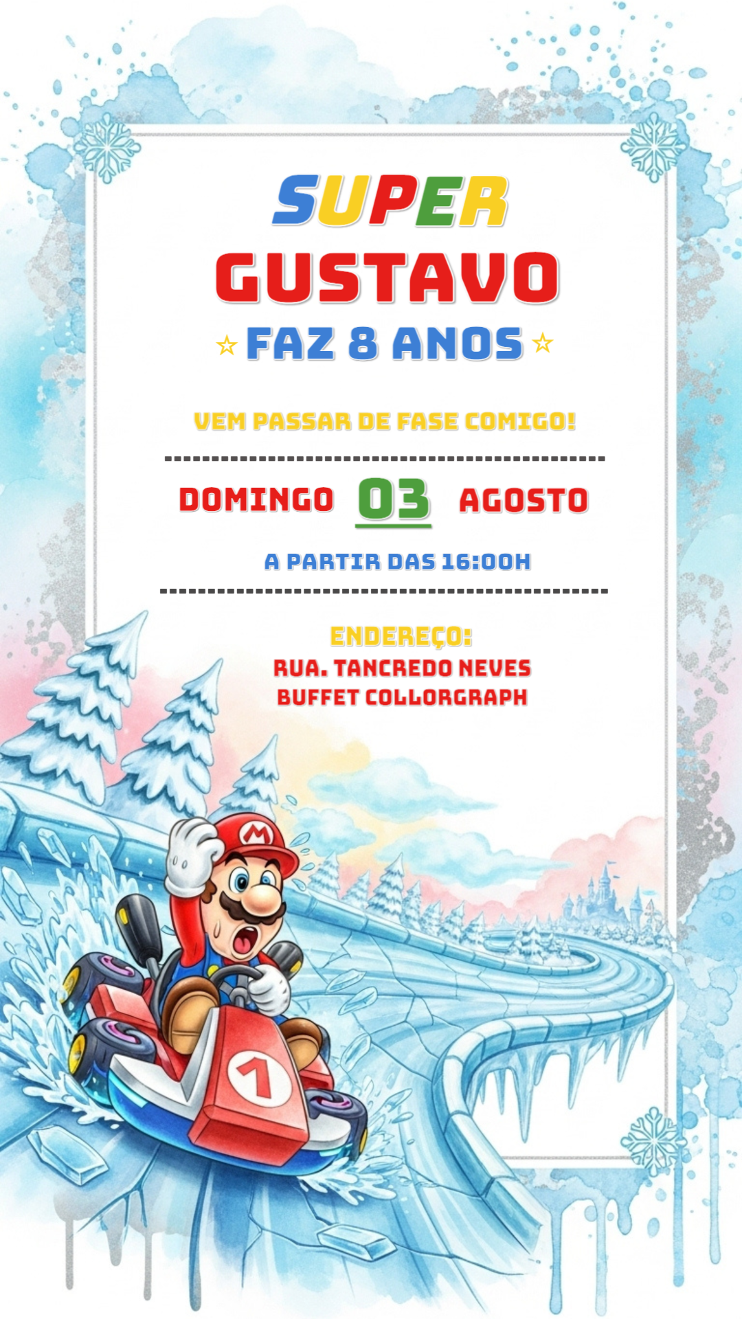 Convite de Aniversário Super Mario Kart na Neve para Editar Convite de Aniversário Super Mario Kart na Neve para Editar