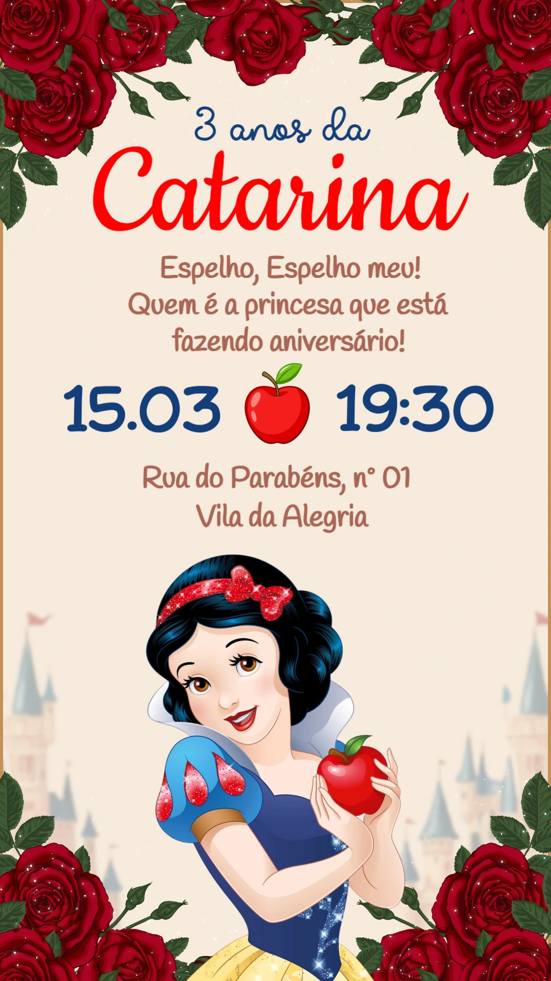 Convite de Aniversário Branca de Neve Editável para Festa Infantil Convite de Aniversário Branca de Neve Editável para Festa Infantil