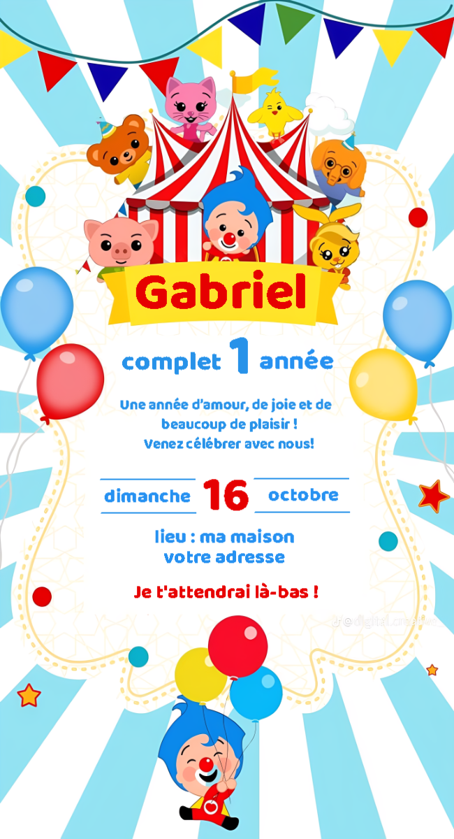 Invitation d'anniversaire Plim Plim et cirque à modifier en ligne Invitation d'anniversaire Plim Plim et cirque à modifier en ligne
