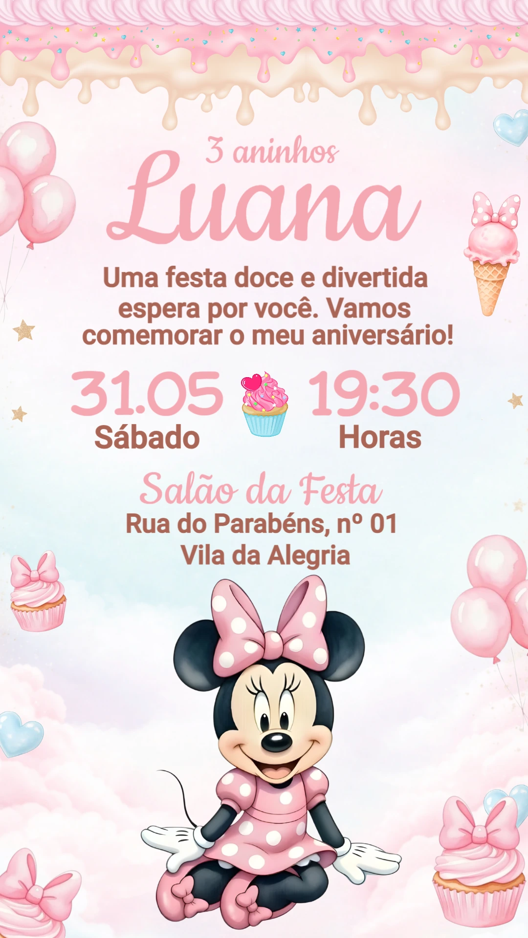 Convite de Aniversário Minnie Confeiteira Editável Convite de Aniversário Minnie Confeiteira Editável