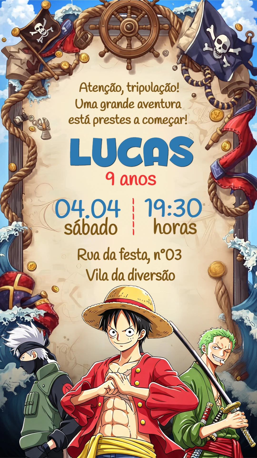 Convite de Aniversário One Piece: Modelo Digital Editável Convite de Aniversário One Piece: Modelo Digital Editável