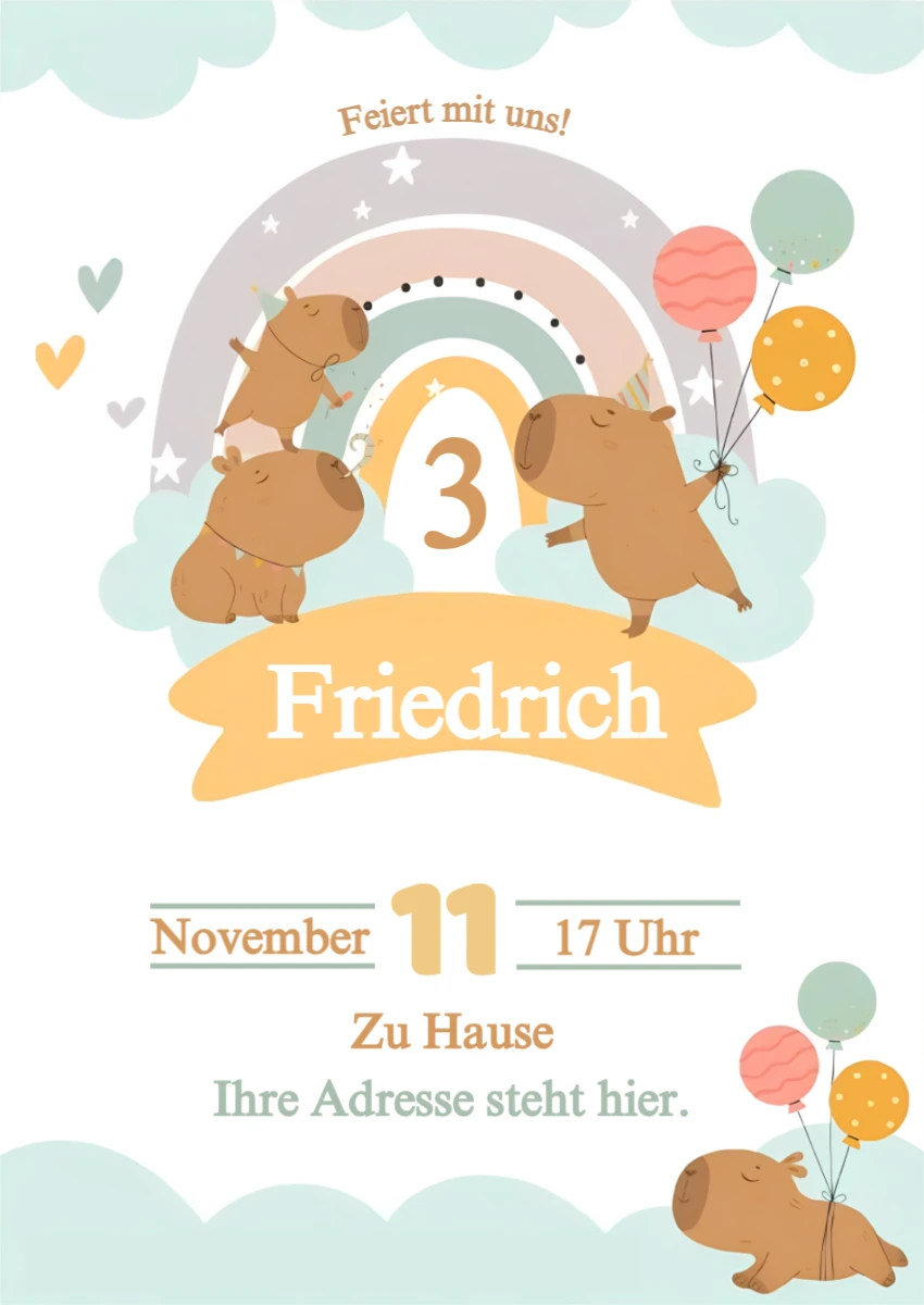 Niedliche Capybara Geburtstagseinladung zum Bearbeiten Niedliche Capybara Geburtstagseinladung zum Bearbeiten