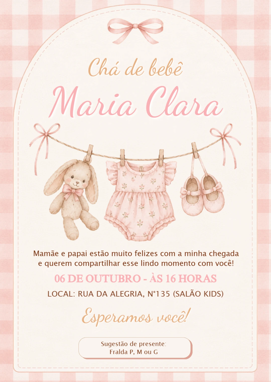 Convite Chá de Bebê Menina Varal Delicado para Editar Online Convite Chá de Bebê Menina Varal Delicado para Editar Online