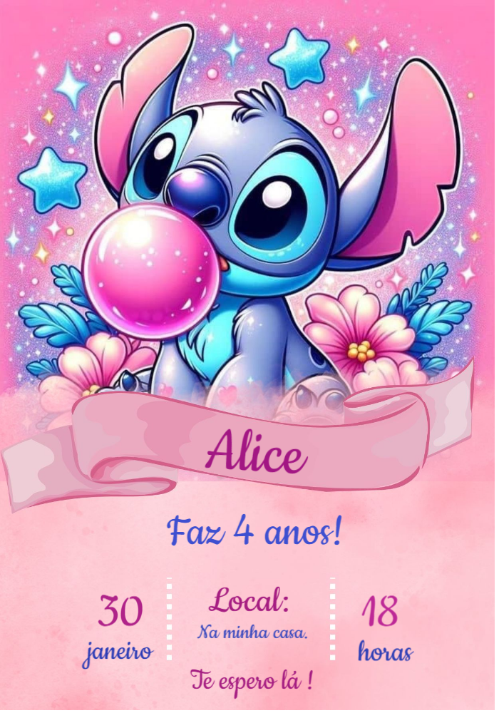 Convite de Aniversário Stitch Rosa para Editar Online Convite de Aniversário Stitch Rosa para Editar Online
