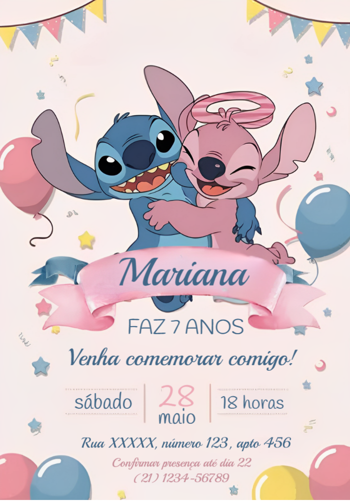 Convite Aniversário Stitch e Angel para Editar Online Convite Aniversário Stitch e Angel para Editar Online