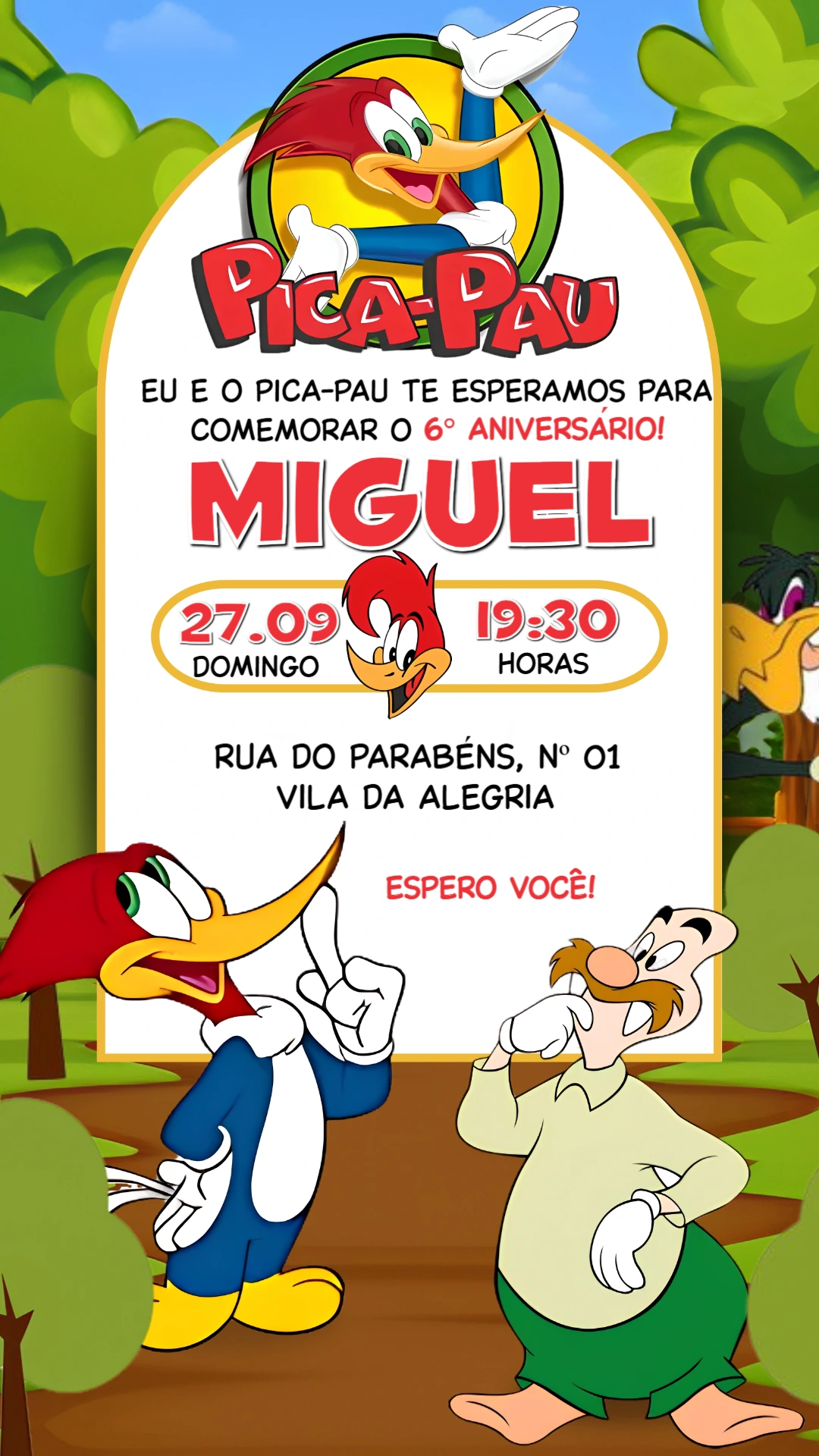 Convite de Aniversário Pica-Pau: Modelo Digital Editável Convite de Aniversário Pica-Pau: Modelo Digital Editável