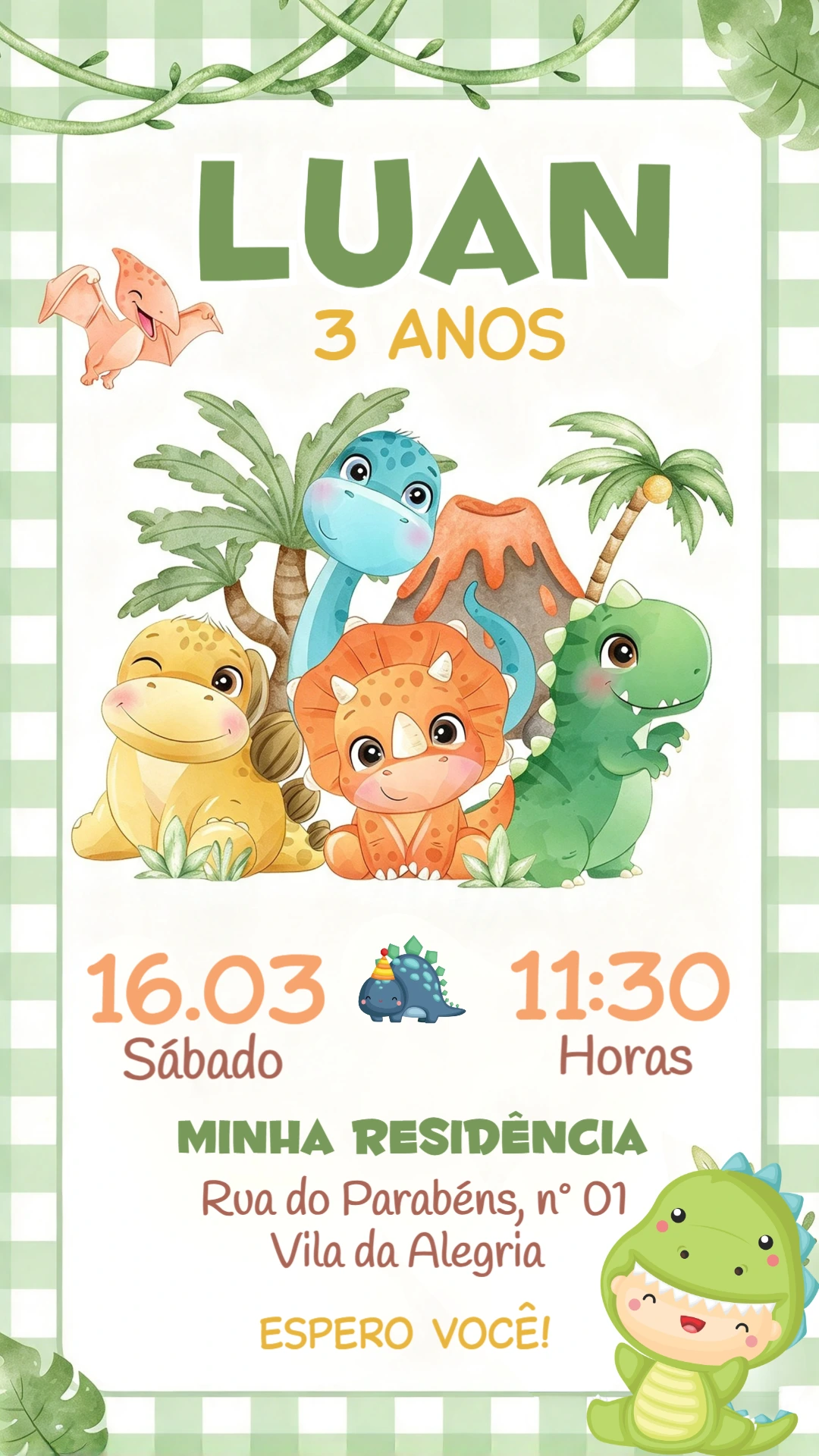 Convite de Aniversário Dino Baby Aquarela para Editar Online Convite de Aniversário Dino Baby Aquarela para Editar Online