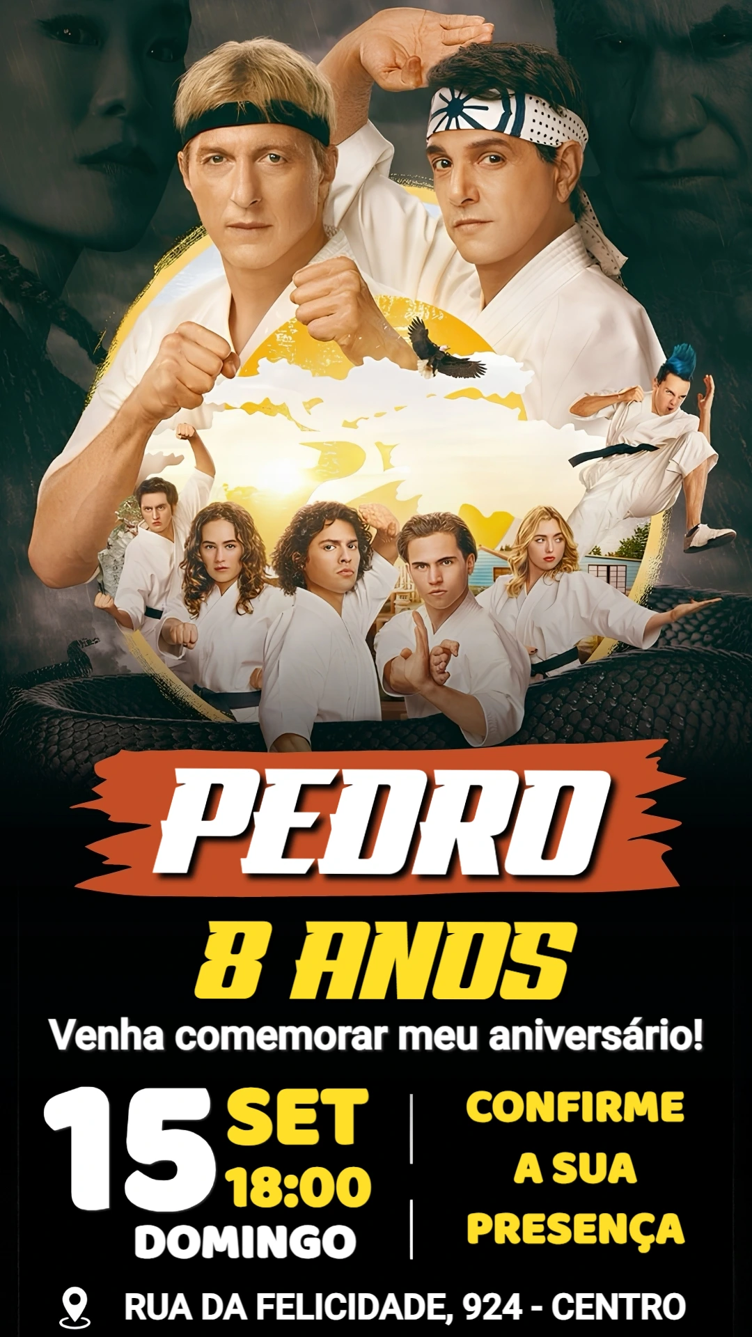Convite de Aniversário Cobra Kai: Modelo Digital para Editar Convite de Aniversário Cobra Kai: Modelo Digital para Editar