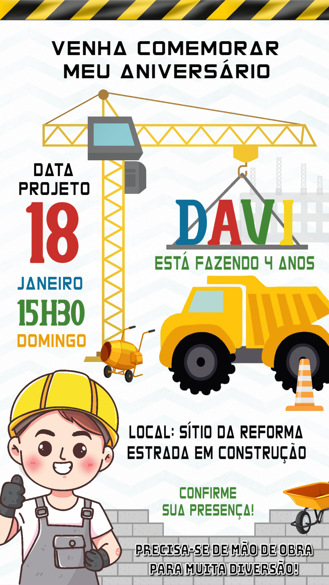Convite Aniversário Construção com Caminhão para Editar Online