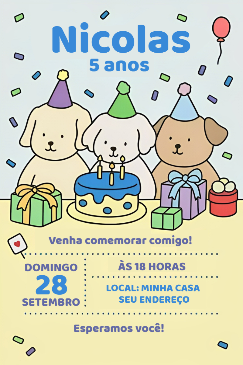 Convite Aniversário Menino Cachorrinhos Fofos para Editar Online Convite Aniversário Menino Cachorrinhos Fofos para Editar Online