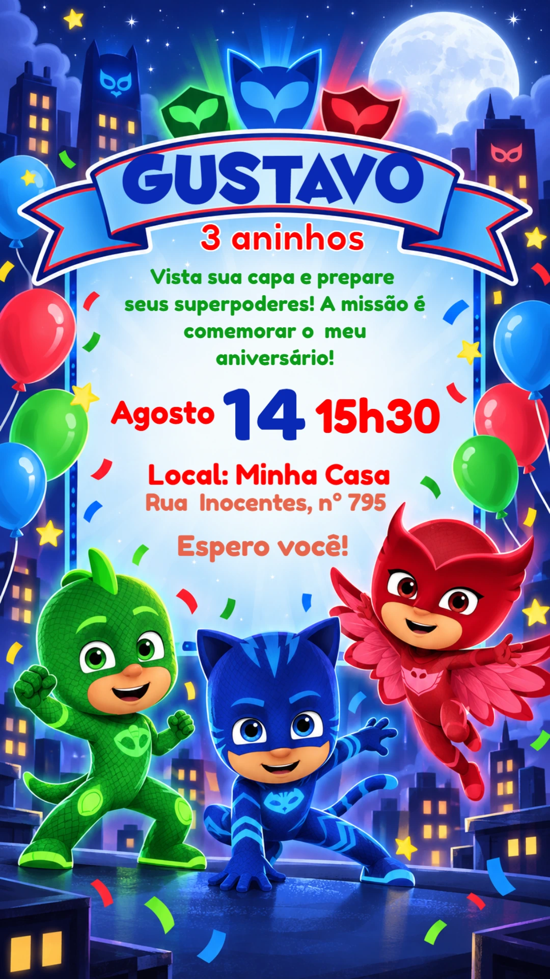 Convite de Aniversário PJ Masks Editável para Menino Convite de Aniversário PJ Masks Editável para Menino