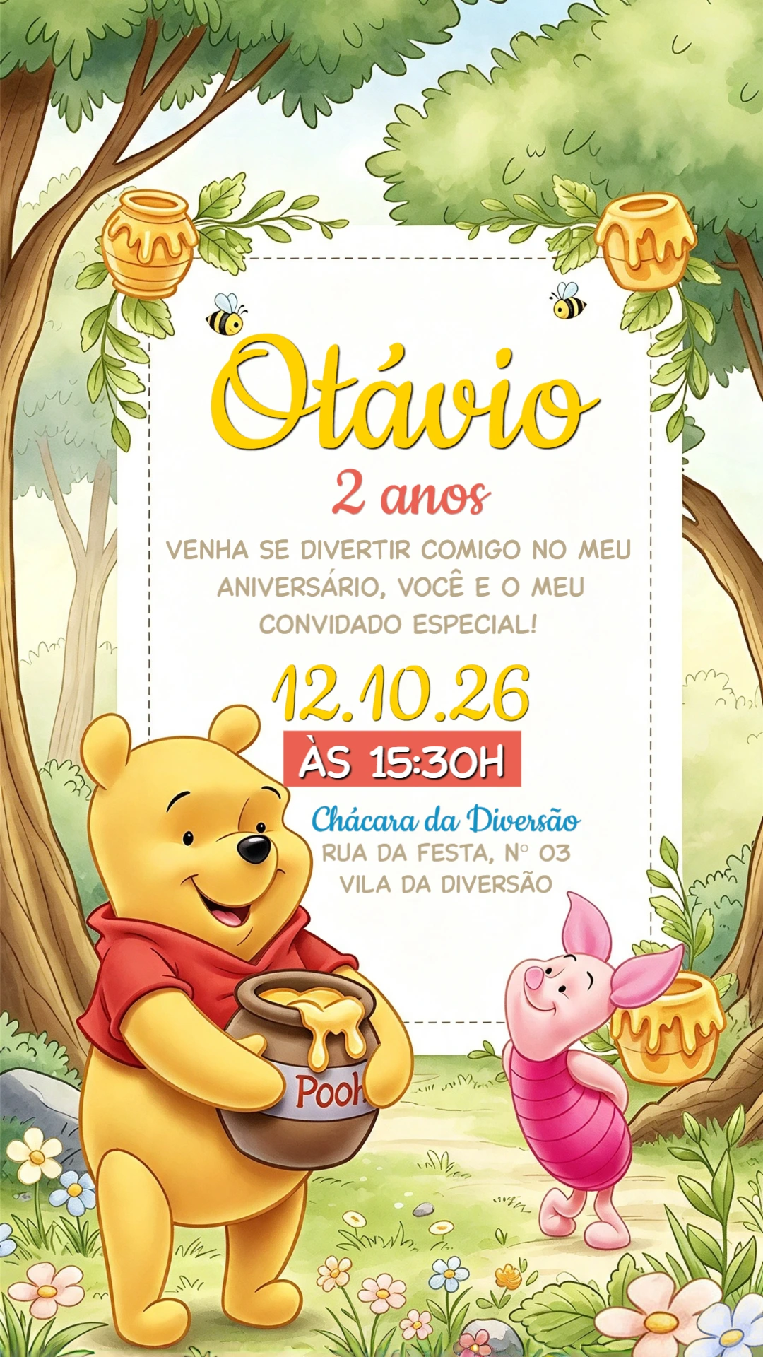 Convite de Aniversário Ursinho Pooh e Leitão para Editar Convite de Aniversário Ursinho Pooh e Leitão para Editar