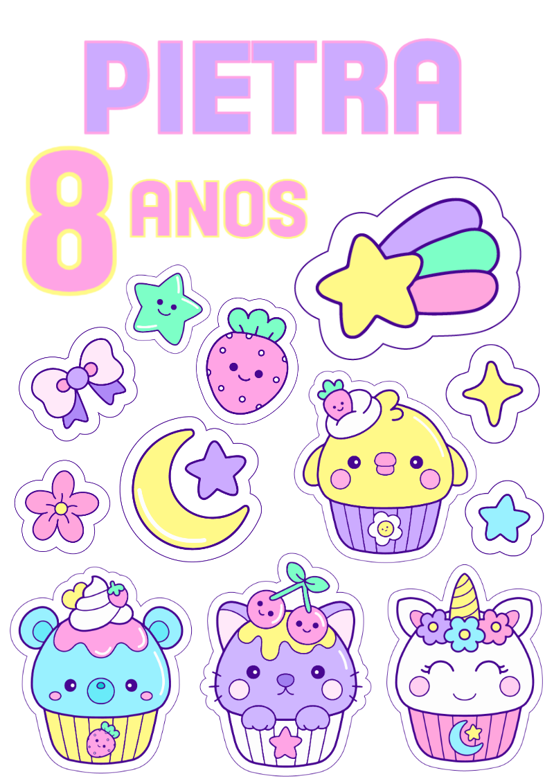 Topo de Bolo Aniversário Kawaii com Estrelas para Editar Online Topo de Bolo Aniversário Kawaii com Estrelas para Editar Online
