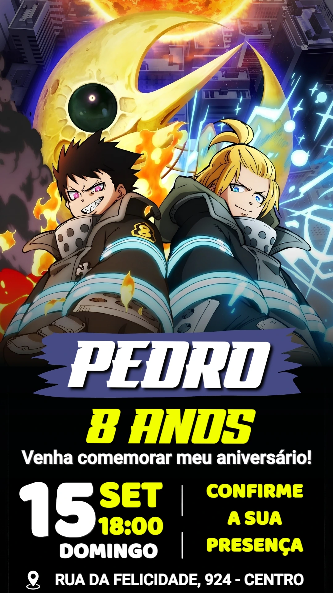 Convite de Aniversário Fire Force Editável para Menino Convite de Aniversário Fire Force Editável para Menino
