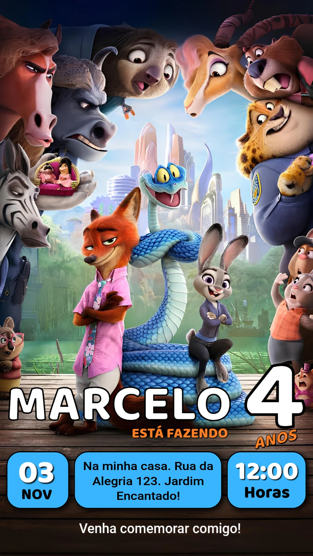 Convite de Aniversário Zootopia: Modelo Digital para Editar Convite de Aniversário Zootopia: Modelo Digital para Editar