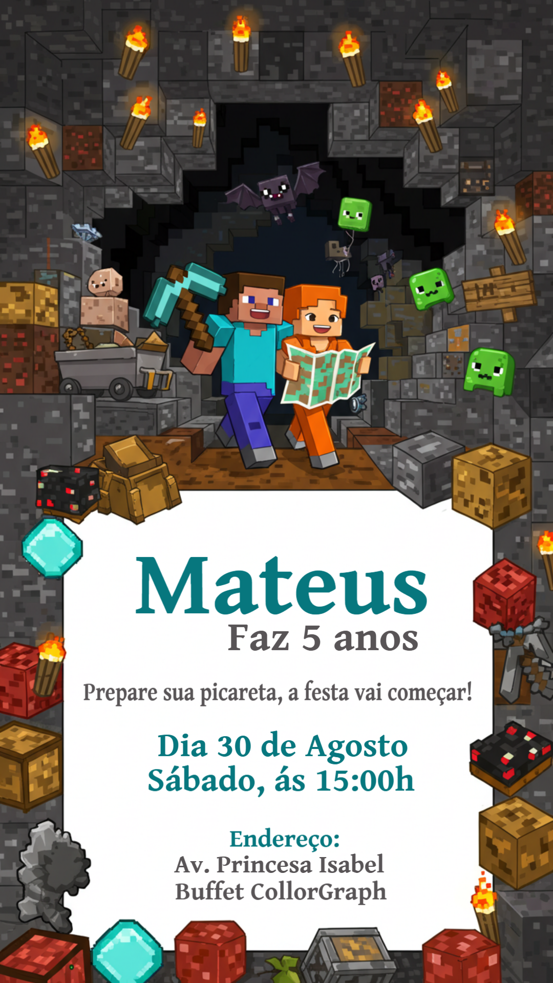 Convite de Aniversário Minecraft com Personagens para Editar Online Convite de Aniversário Minecraft com Personagens para Editar Online