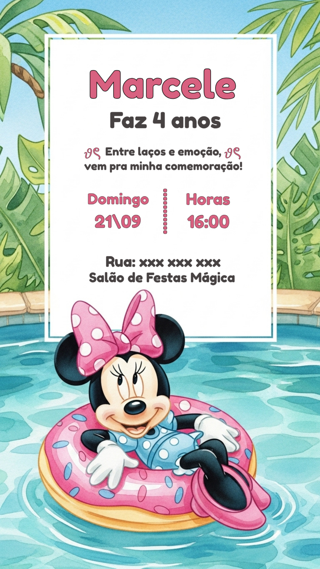 Convite Aniversário Minnie Piscina para Editar Online