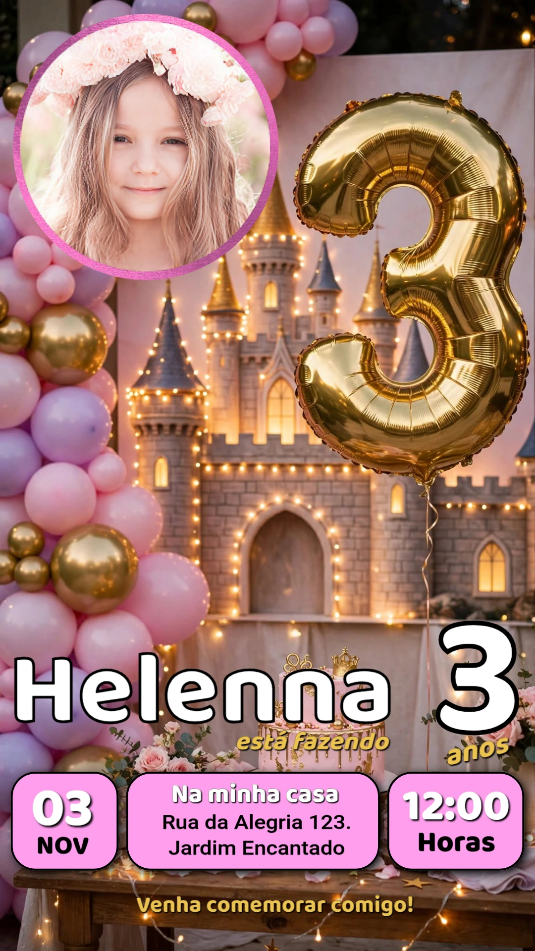 Convite de Aniversário 3 Anos Princesa com Foto Editável Convite de Aniversário 3 Anos Princesa com Foto Editável