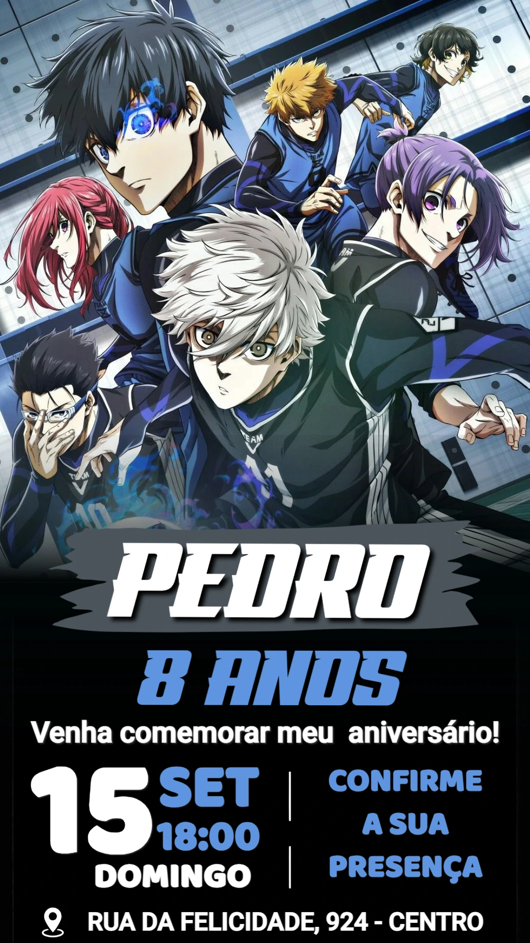 Convite de Aniversário Blue Lock: Modelo Digital para Editar Convite de Aniversário Blue Lock: Modelo Digital para Editar