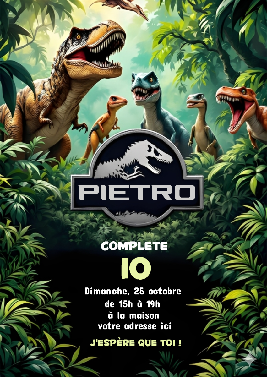Invitation Anniversaire Dinosaures style Jurassic Park à Modifier Invitation Anniversaire Dinosaures style Jurassic Park à Modifier